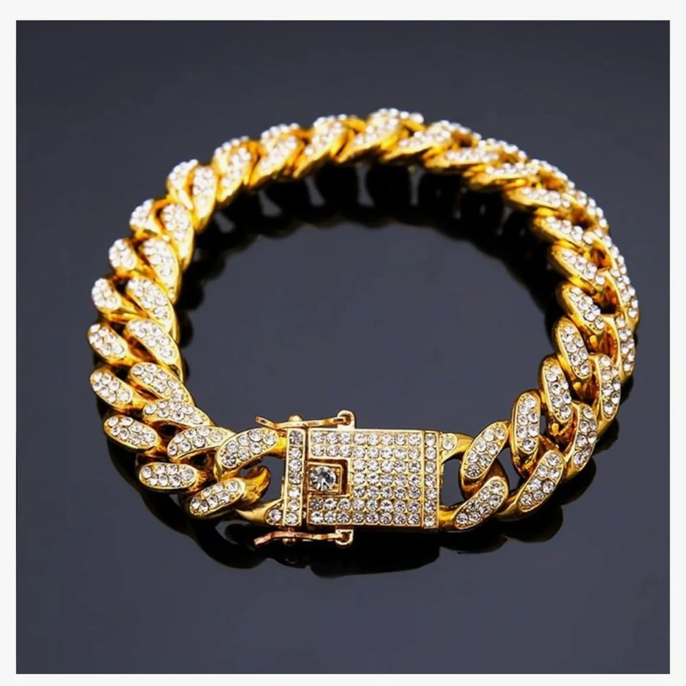 Gold and Rhinestone Cuban Link Bracelet